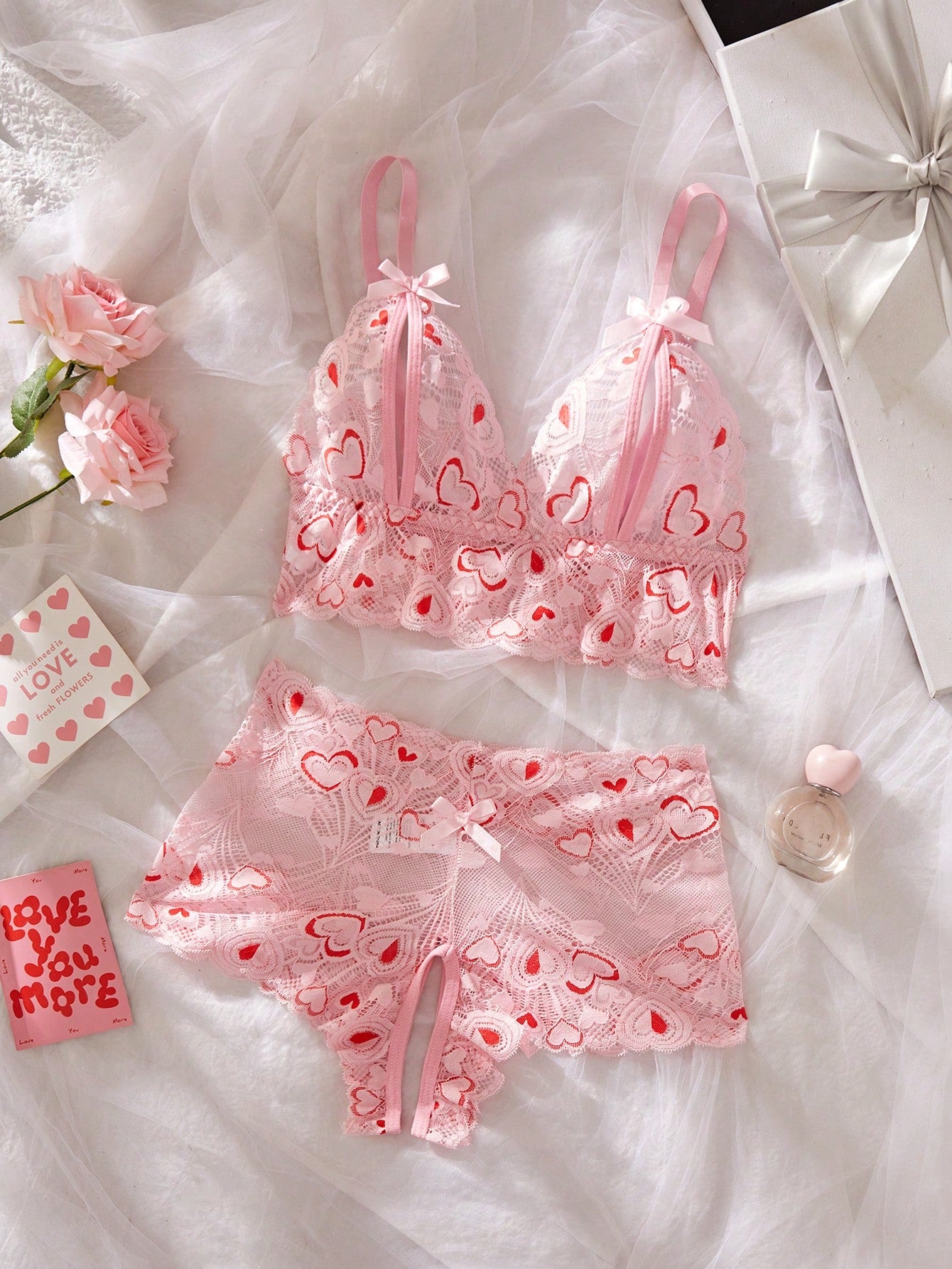 AESKEIA Pink Lace Sexy Set, Women's Open Bust Bra And Open Crotch Panty Set, Erotic Sexy Lingerie, Christmas Valentine's Day New Year Gift