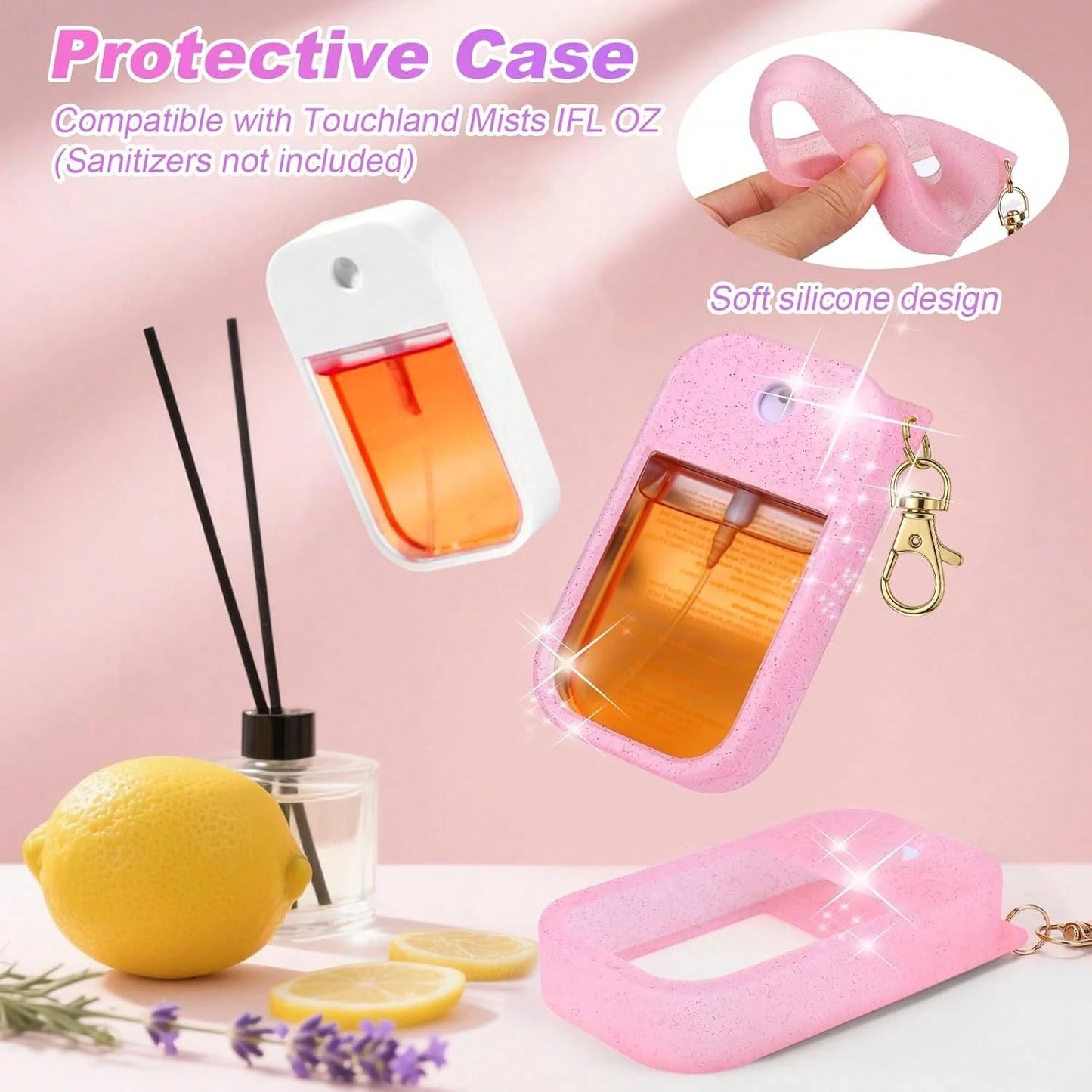 AIERSA Hand Sanitizer Spray Glitter Case Compatible With, Silicone Hand Sanitizer Case Holder With Keychain For Touch Land Mist 1FL. OZ(Glitter Sequin Pink)