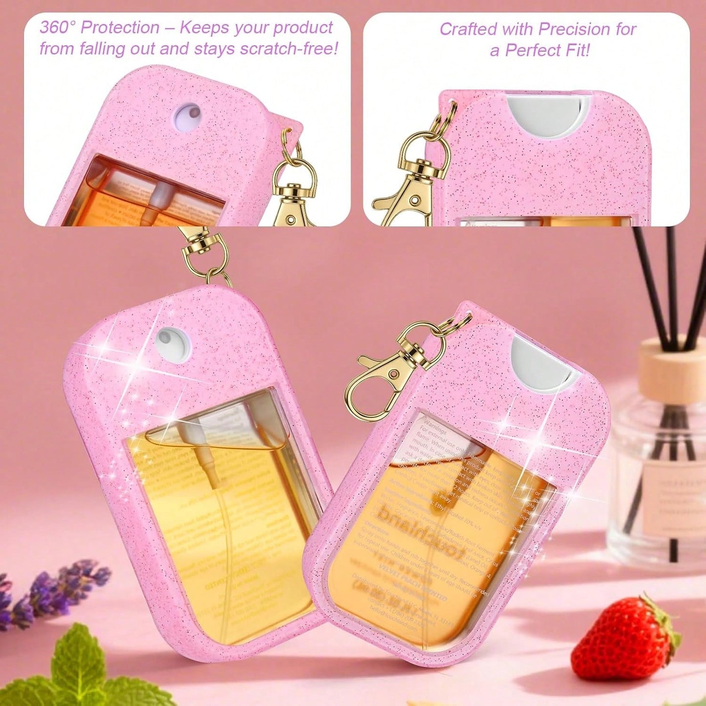 AIERSA Hand Sanitizer Spray Glitter Case Compatible With, Silicone Hand Sanitizer Case Holder With Keychain For Touch Land Mist 1FL. OZ(Glitter Sequin Pink)