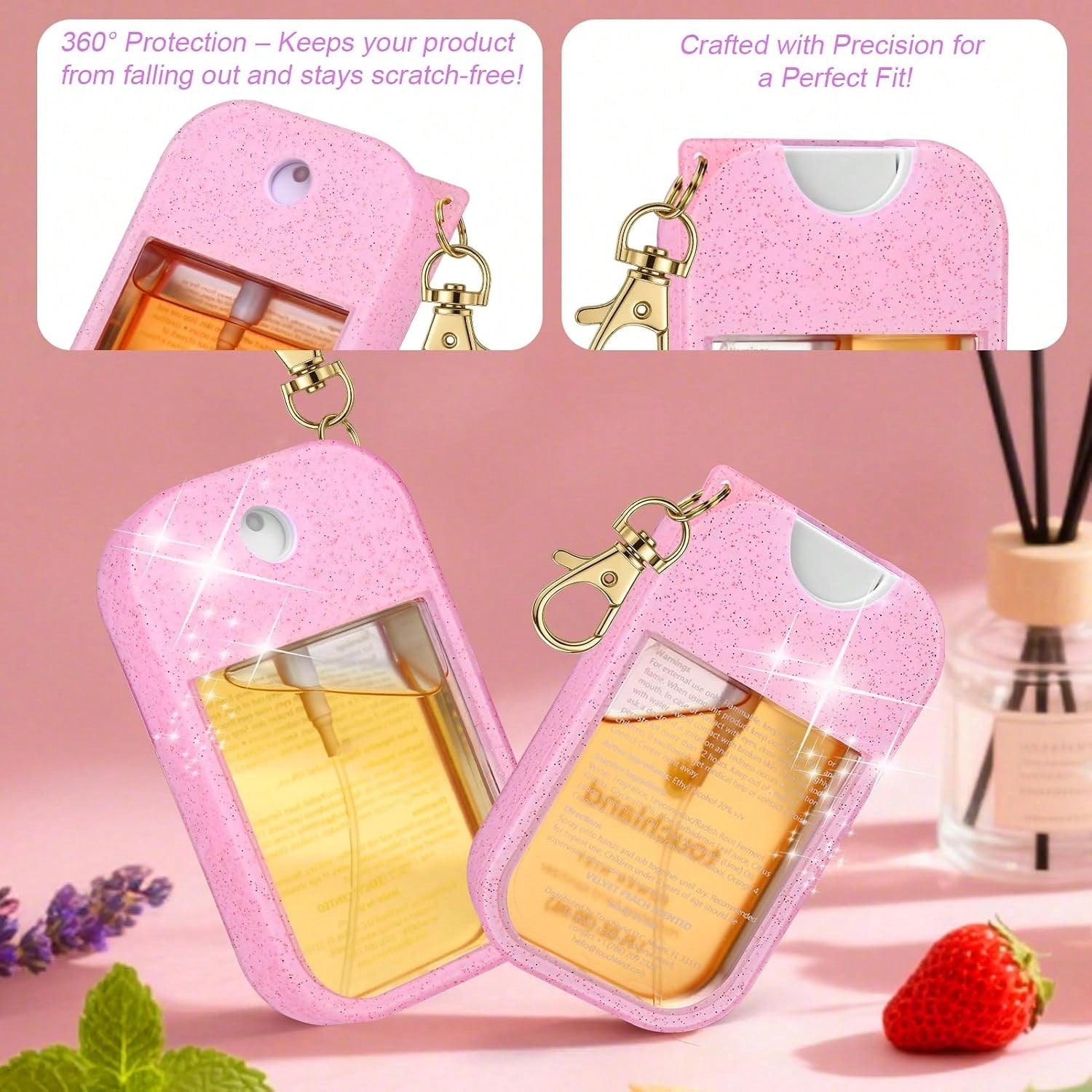 AIERSA Hand Sanitizer Spray Glitter Case Compatible With, Silicone Hand Sanitizer Case Holder With Keychain For Touch Land Mist 1FL. OZ(Glitter Sequin Pink)