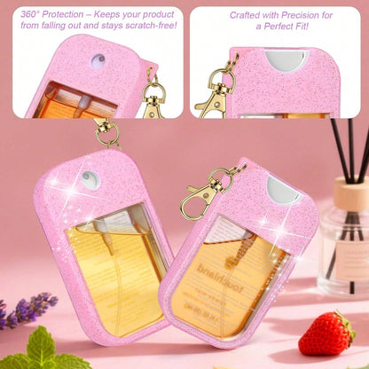 AIERSA Hand Sanitizer Spray Glitter Case Compatible With, Silicone Hand Sanitizer Case Holder With Keychain For Touch Land Mist 1FL. OZ(Glitter Sequin Pink)