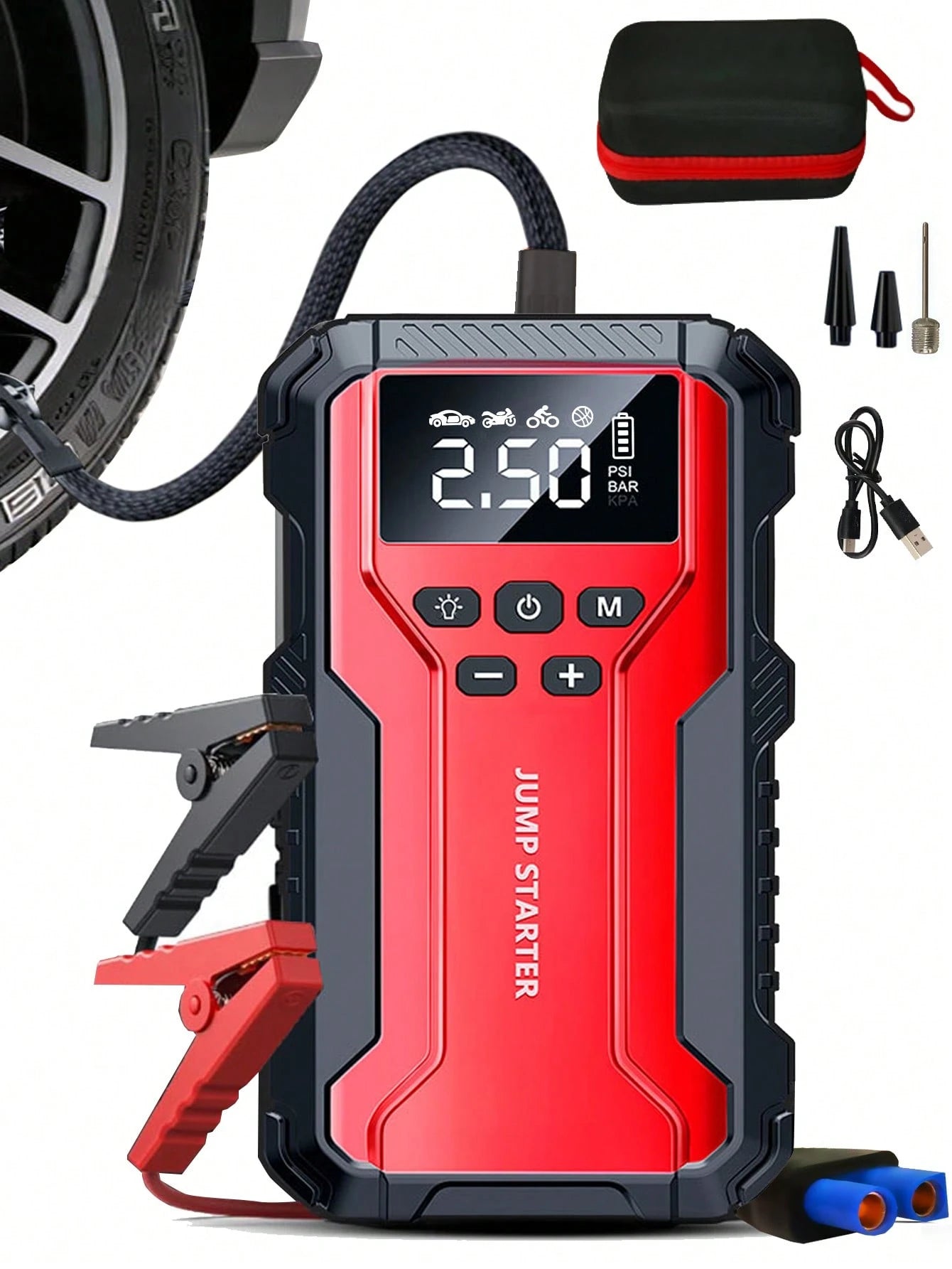 Air Compressor Jump Starter, Power Bank- Fast Phone Charging, Car Battery Charger, Emergency LED Light, Rapid Inflation, Tire Pressure Detection, Portable 12V Car Battery Booster