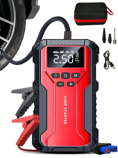 Air Compressor Jump Starter, Power Bank- Fast Phone Charging, Car Battery Charger, Emergency LED Light, Rapid Inflation, Tire Pressure Detection, Portable 12V Car Battery Booster