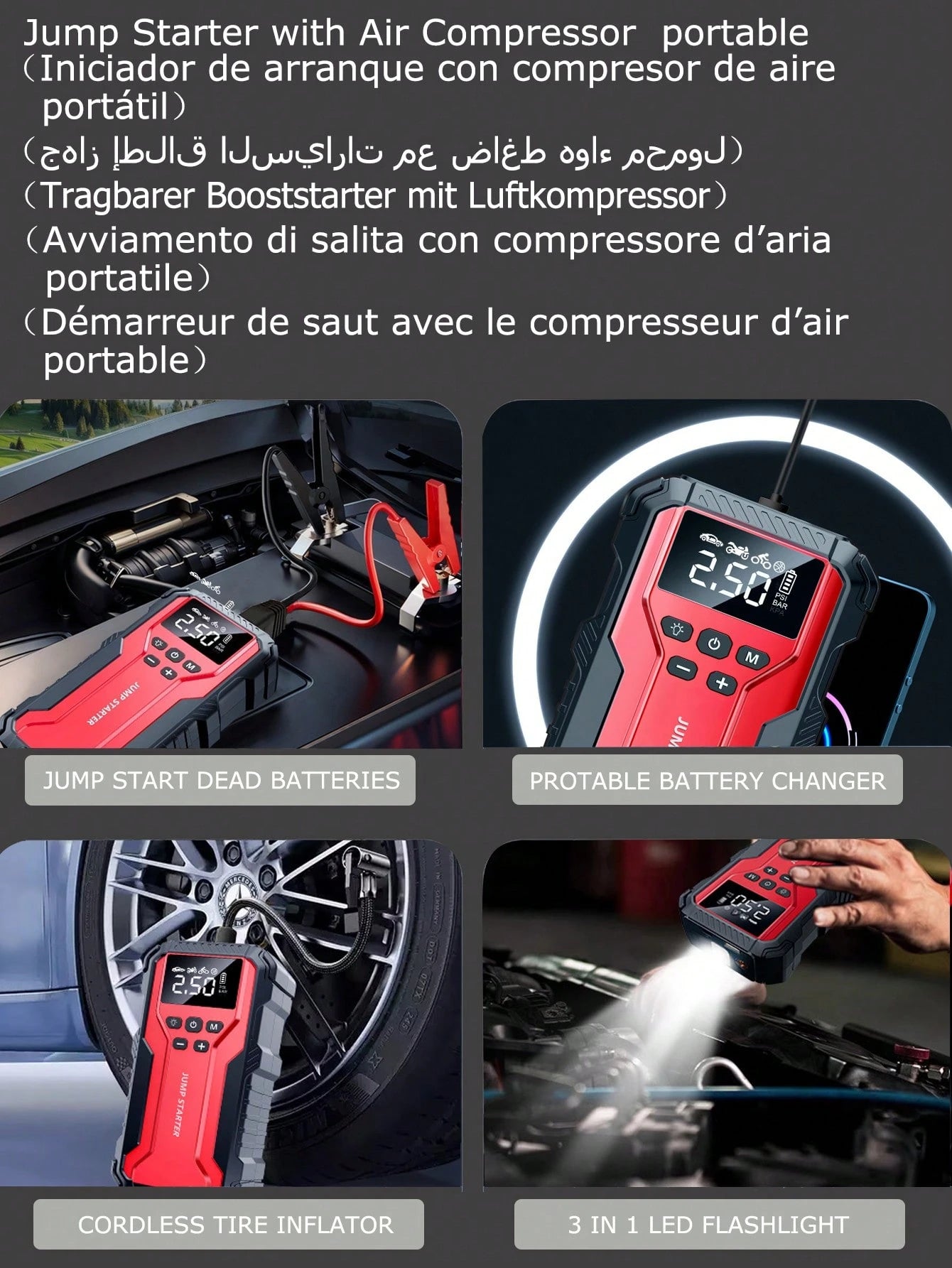 Air Compressor Jump Starter, Power Bank- Fast Phone Charging, Car Battery Charger, Emergency LED Light, Rapid Inflation, Tire Pressure Detection, Portable 12V Car Battery Booster