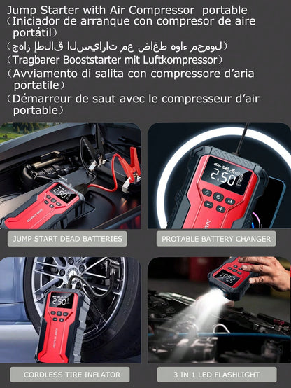 Air Compressor Jump Starter, Power Bank- Fast Phone Charging, Car Battery Charger, Emergency LED Light, Rapid Inflation, Tire Pressure Detection, Portable 12V Car Battery Booster