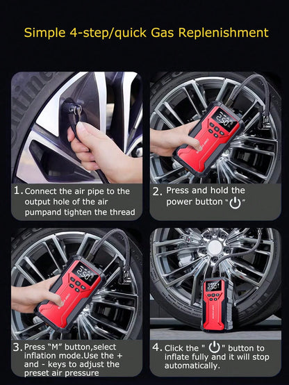 Air Compressor Jump Starter, Power Bank- Fast Phone Charging, Car Battery Charger, Emergency LED Light, Rapid Inflation, Tire Pressure Detection, Portable 12V Car Battery Booster