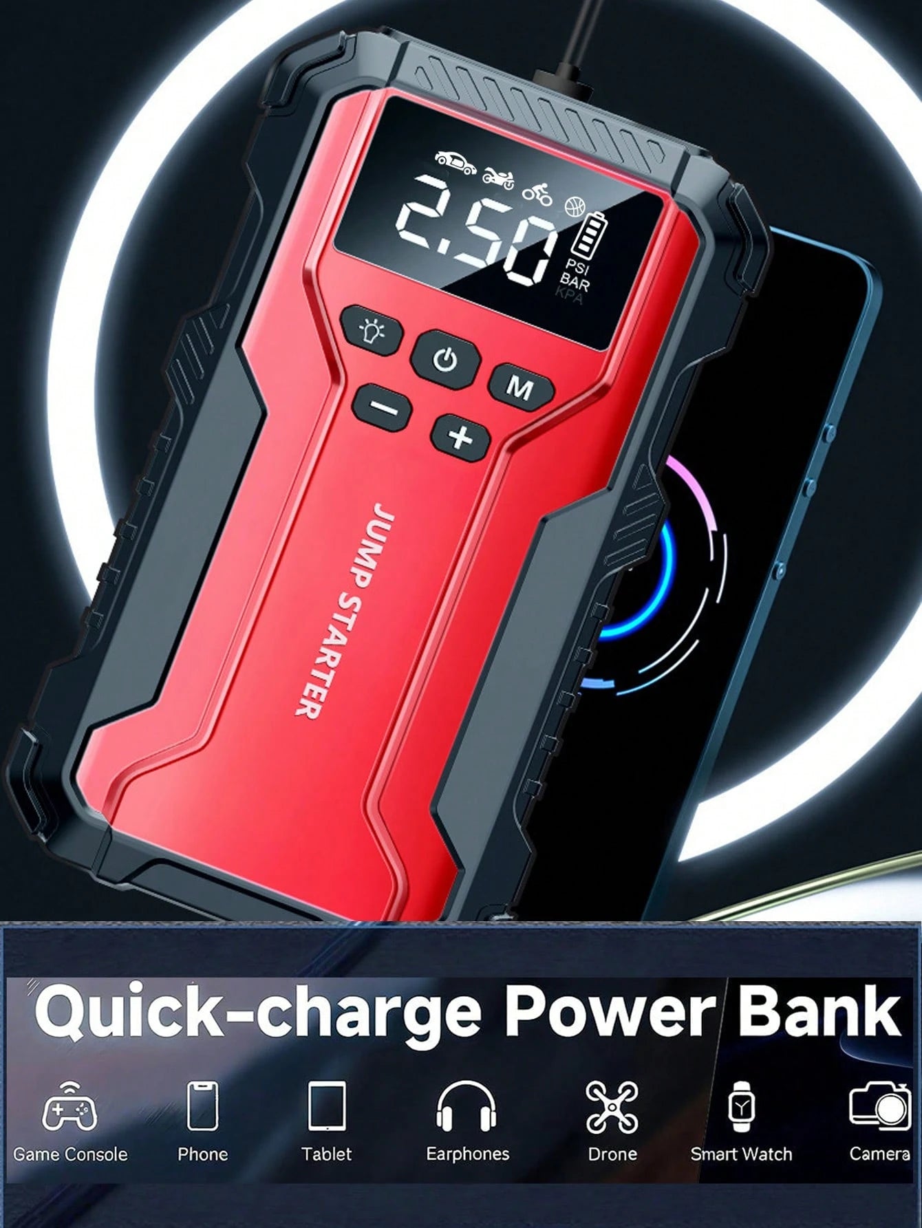 Air Compressor Jump Starter, Power Bank- Fast Phone Charging, Car Battery Charger, Emergency LED Light, Rapid Inflation, Tire Pressure Detection, Portable 12V Car Battery Booster