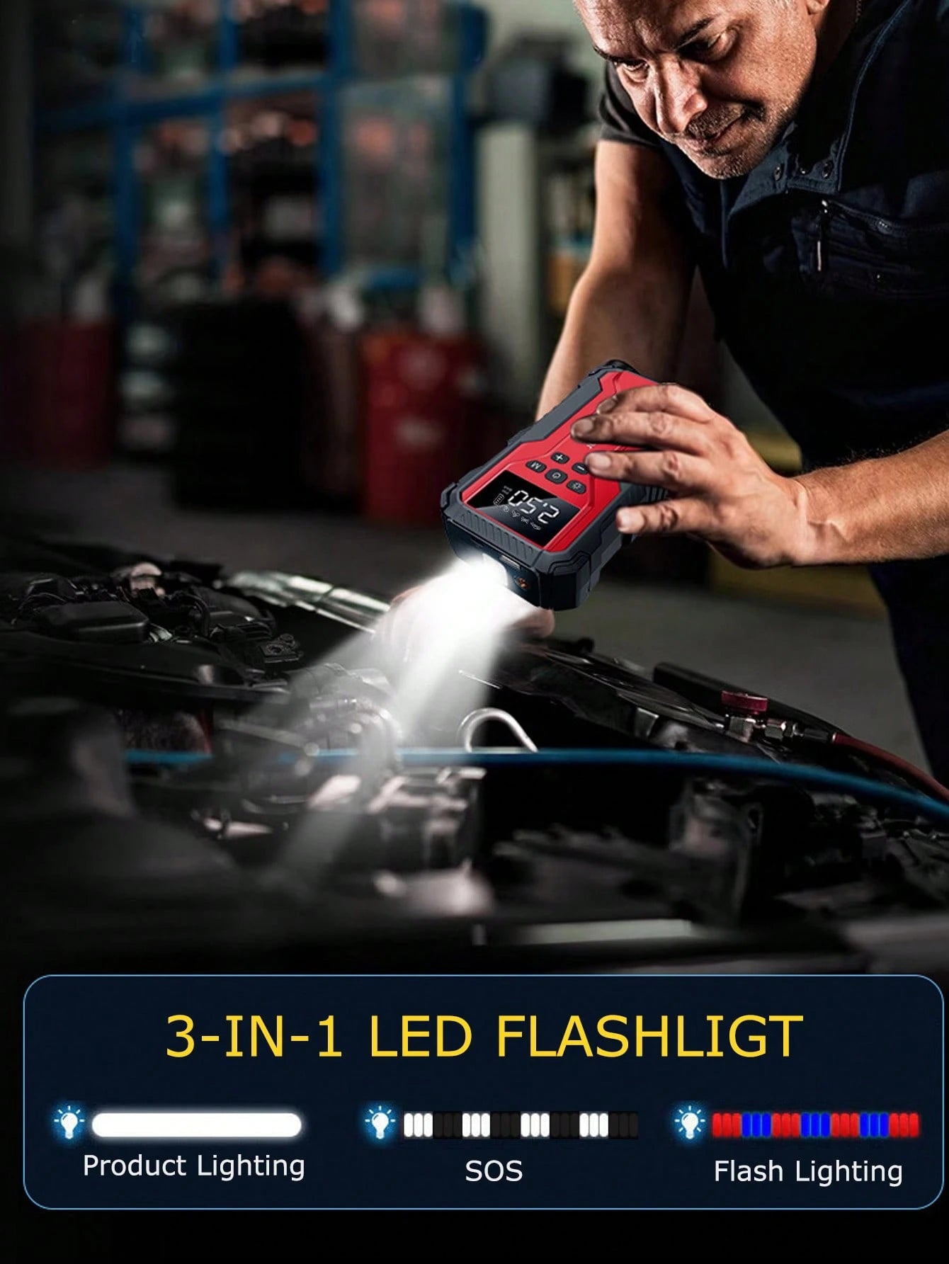 Air Compressor Jump Starter, Power Bank- Fast Phone Charging, Car Battery Charger, Emergency LED Light, Rapid Inflation, Tire Pressure Detection, Portable 12V Car Battery Booster