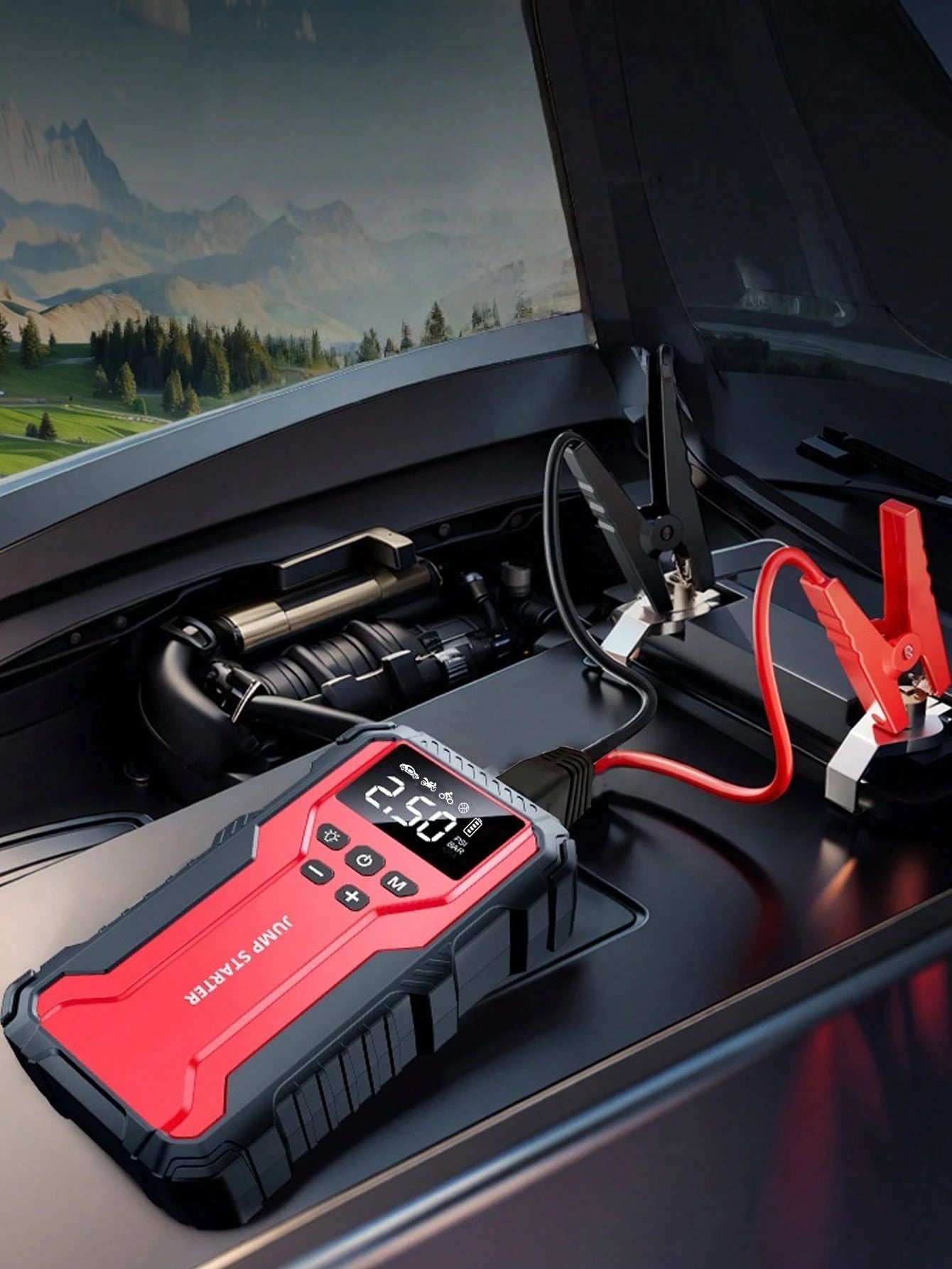 Air Compressor Jump Starter, Power Bank- Fast Phone Charging, Car Battery Charger, Emergency LED Light, Rapid Inflation, Tire Pressure Detection, Portable 12V Car Battery Booster