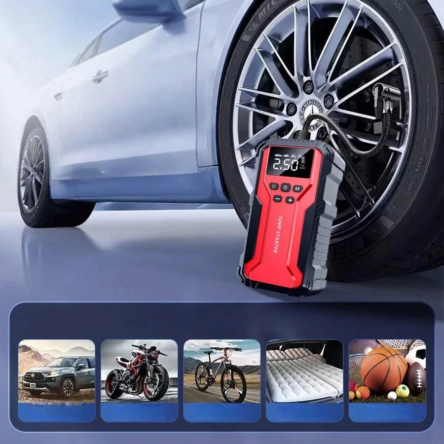 Air Compressor Jump Starter, Power Bank- Fast Phone Charging, Car Battery Charger, Emergency LED Light, Rapid Inflation, Tire Pressure Detection, Portable 12V Car Battery Booster