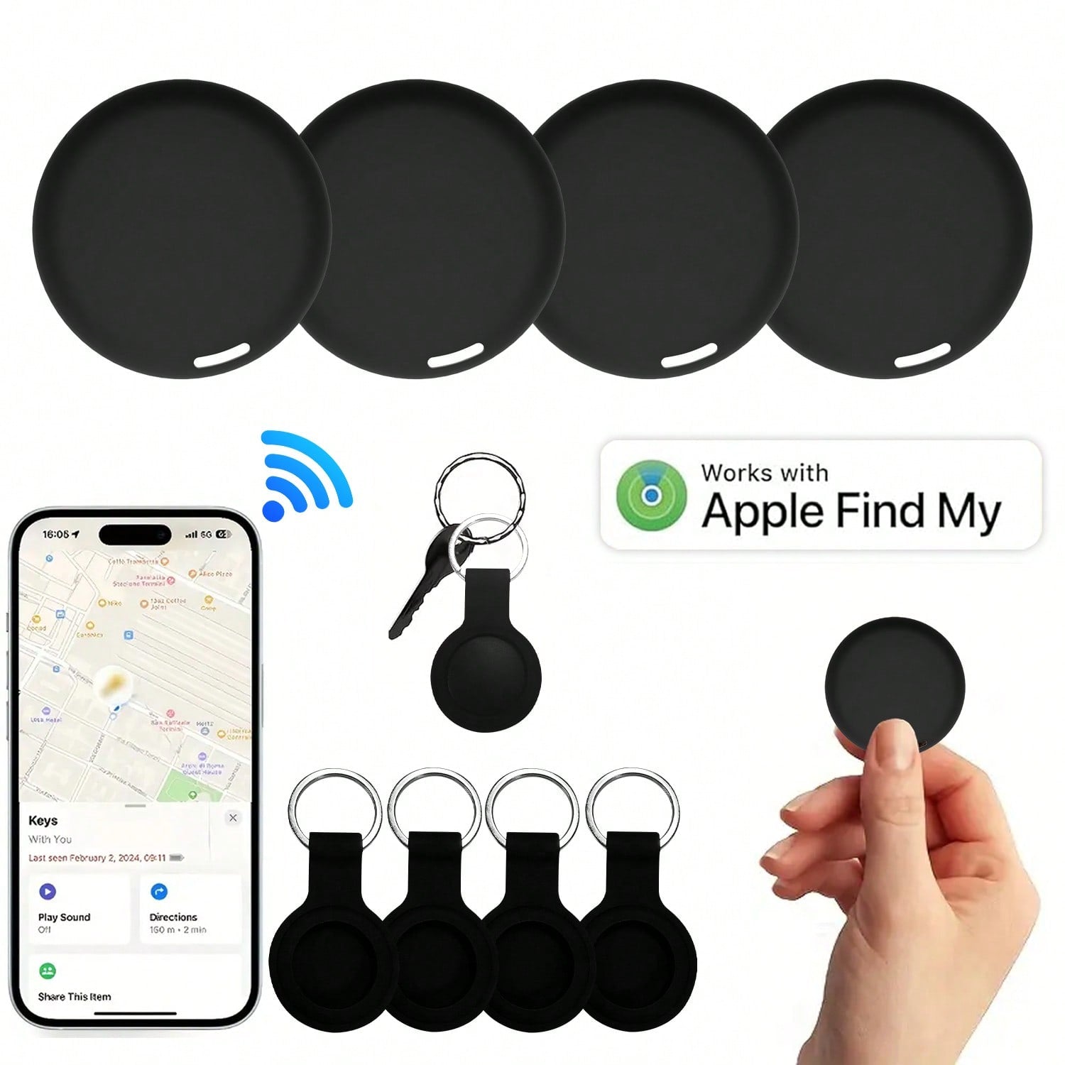 Air Tracker Item Tracking Tag- 1/2/4 Pack, Key Finder Locator, Compatible With Apple Find My (IOS Only), Replaceable Battery, Tracking Tag For Keys, Luggage, Bags, Wallets (Black/White)