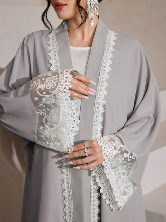 Al Najma Water-Soluble Lace Cardigan, Solid Color Elegant Dubai Style Abaya Robe, Long Sleeve