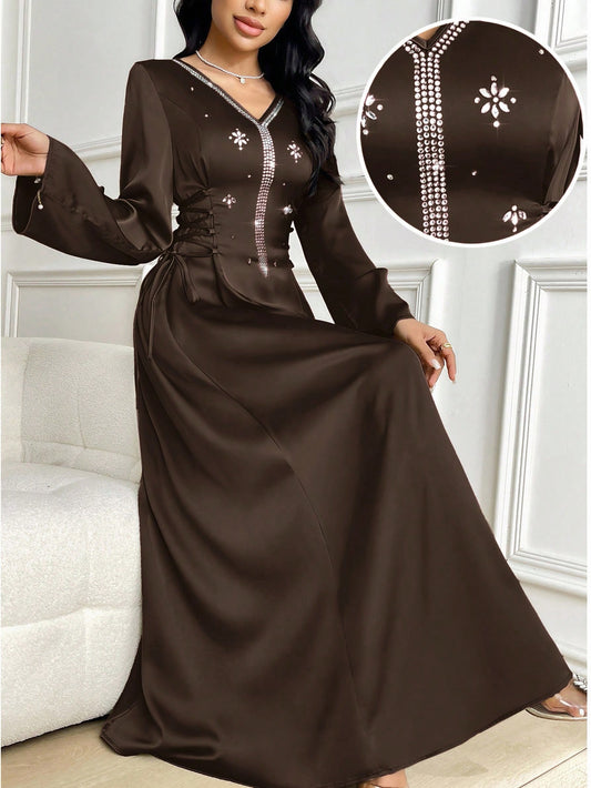 Al Najma Women's Elegant Long Sleeve Rhinestone Decorated Arabic Style Dress Chocolate Brown Dress Dress Modest