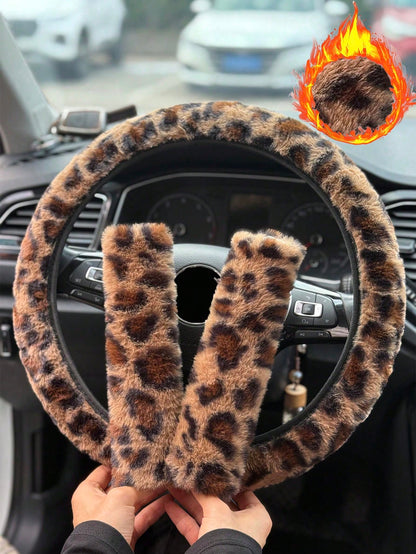 All-Season Thick Leopard Print Steering Wheel Cover, Shoulder Strap Protector, Can Be Used With A Set Of Products, Anti-Slip, Comfortable, Warm, Breathable