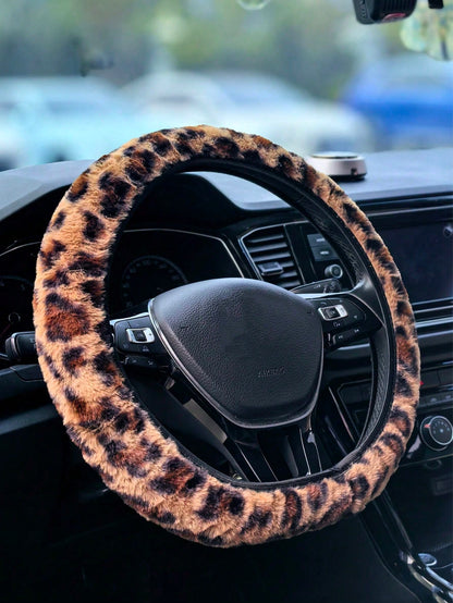 All-Season Thick Leopard Print Steering Wheel Cover, Shoulder Strap Protector, Can Be Used With A Set Of Products, Anti-Slip, Comfortable, Warm, Breathable
