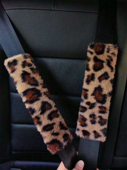 All-Season Thick Leopard Print Steering Wheel Cover, Shoulder Strap Protector, Can Be Used With A Set Of Products, Anti-Slip, Comfortable, Warm, Breathable