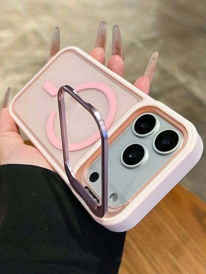 Alloy Luxury Pink Magnetic Style Stand Phone Case Semi-Transparent Frosted Acrylic Magnetic Stand Phone Case Compatible With IPhone 17 Pro Max, Air 16, 15, 14, 13, 12, 11 Pro Max Plus, Supports Magnet