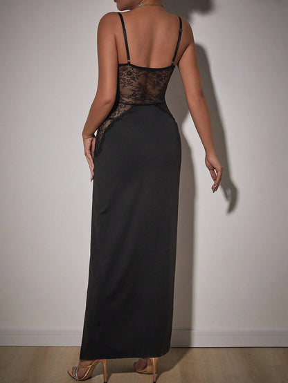 Allurite Women's Elegant Black Sheer Lace Panel High Slit Strap Corset Maxi Dress,70s Summer Holiday Night Party Holiday New Years Outfit Club Dresses