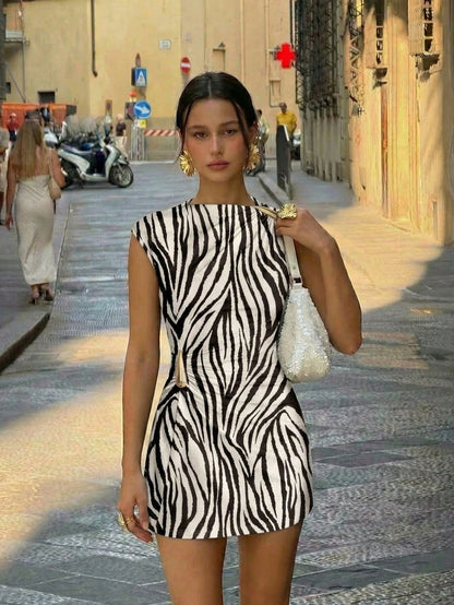 Aloruh Elegant Sexy Resort Style Zebra Print Metal Decor Ruched Mini Dress, Summer Vacation Beach Night Outfit, Hawaii Wear,Summer Dresses For Women White