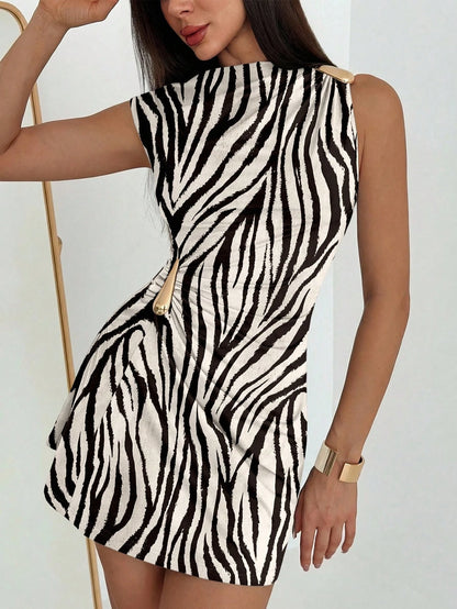 Aloruh Elegant Sexy Resort Style Zebra Print Metal Decor Ruched Mini Dress, Summer Vacation Beach Night Outfit, Hawaii Wear,Summer Dresses For Women White