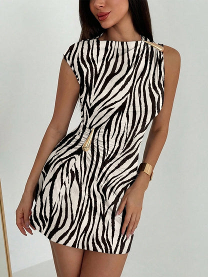 Aloruh Elegant Sexy Resort Style Zebra Print Metal Decor Ruched Mini Dress, Summer Vacation Beach Night Outfit, Hawaii Wear,Summer Dresses For Women White
