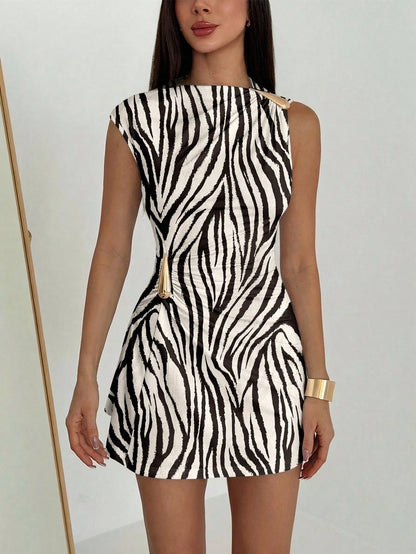 Aloruh Elegant Sexy Resort Style Zebra Print Metal Decor Ruched Mini Dress, Summer Vacation Beach Night Outfit, Hawaii Wear,Summer Dresses For Women White