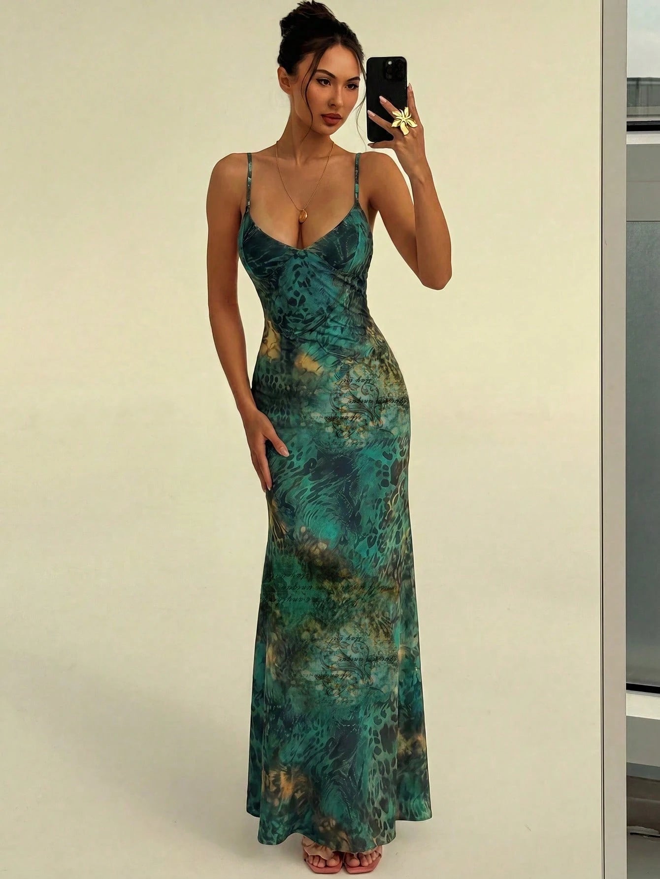 Aloruh Summer Vacation Sexy Green Leopard Print Spaghetti Strap Lace-Up Bodycon Women's Dress, Suitable For Home, Beach Party, Fashion, Casual, Work, Date