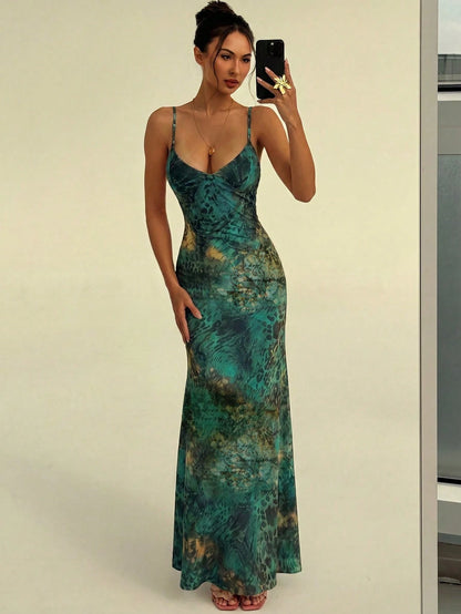 Aloruh Summer Vacation Sexy Green Leopard Print Spaghetti Strap Lace-Up Bodycon Women's Dress, Suitable For Home, Beach Party, Fashion, Casual, Work, Date