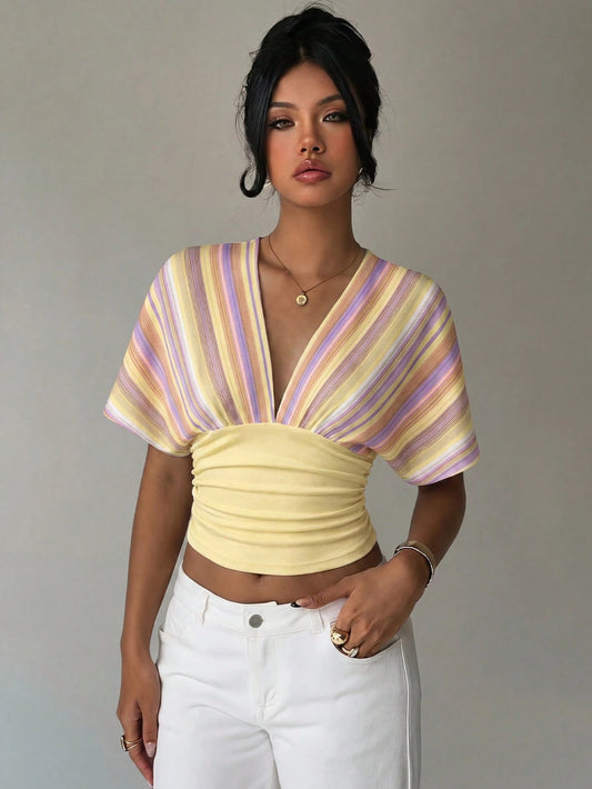 Aloruh Women's Deep V-Neck Color Block Pleated Casual Versatile Daily Wear T-Shirt,Summer Top
