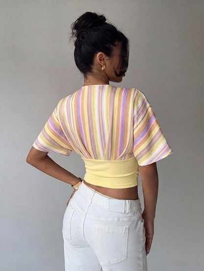 Aloruh Women's Deep V-Neck Color Block Pleated Casual Versatile Daily Wear T-Shirt,Summer Top