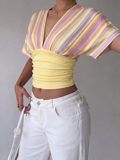 Aloruh Women's Deep V-Neck Color Block Pleated Casual Versatile Daily Wear T-Shirt,Summer Top