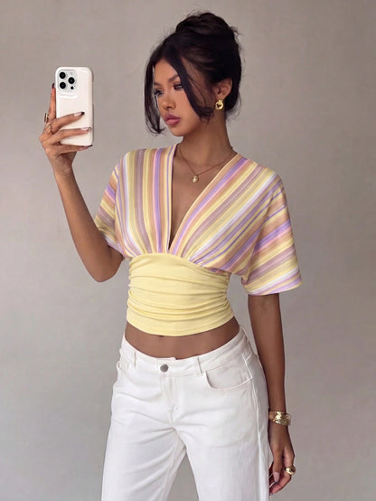 Aloruh Women's Deep V-Neck Color Block Pleated Casual Versatile Daily Wear T-Shirt,Summer Top