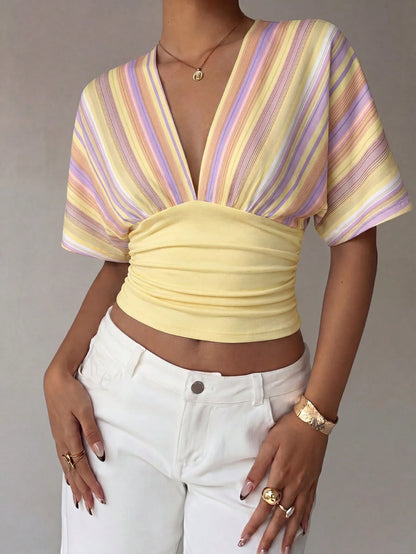 Aloruh Women's Deep V-Neck Color Block Pleated Casual Versatile Daily Wear T-Shirt,Summer Top