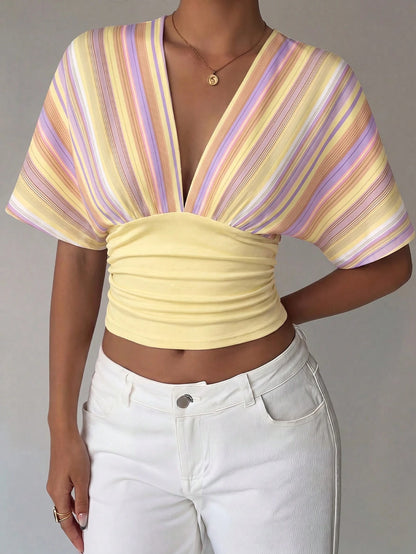 Aloruh Women's Deep V-Neck Color Block Pleated Casual Versatile Daily Wear T-Shirt,Summer Top