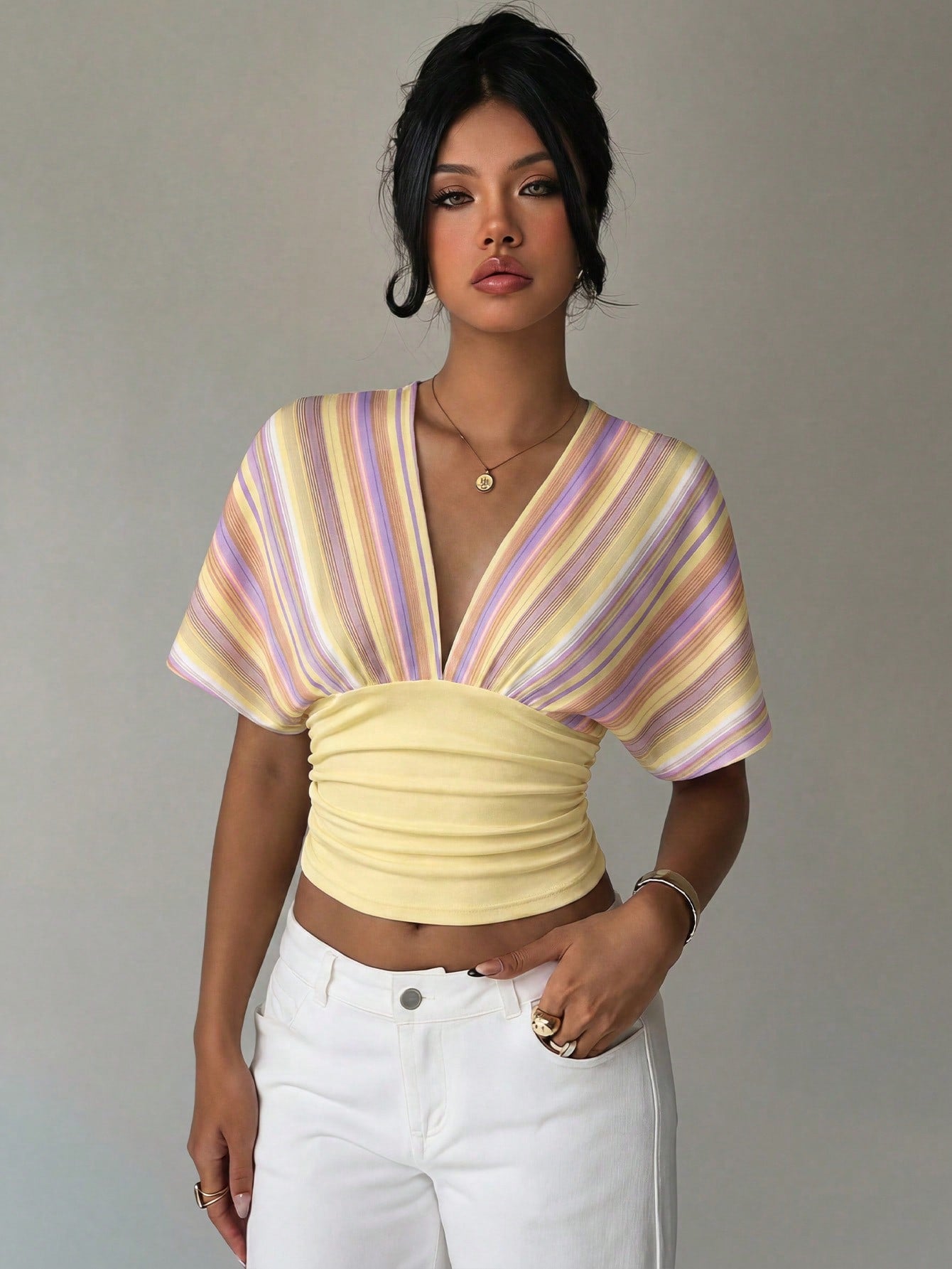Aloruh Women's Deep V-Neck Color Block Pleated Casual Versatile Daily Wear T-Shirt,Summer Top