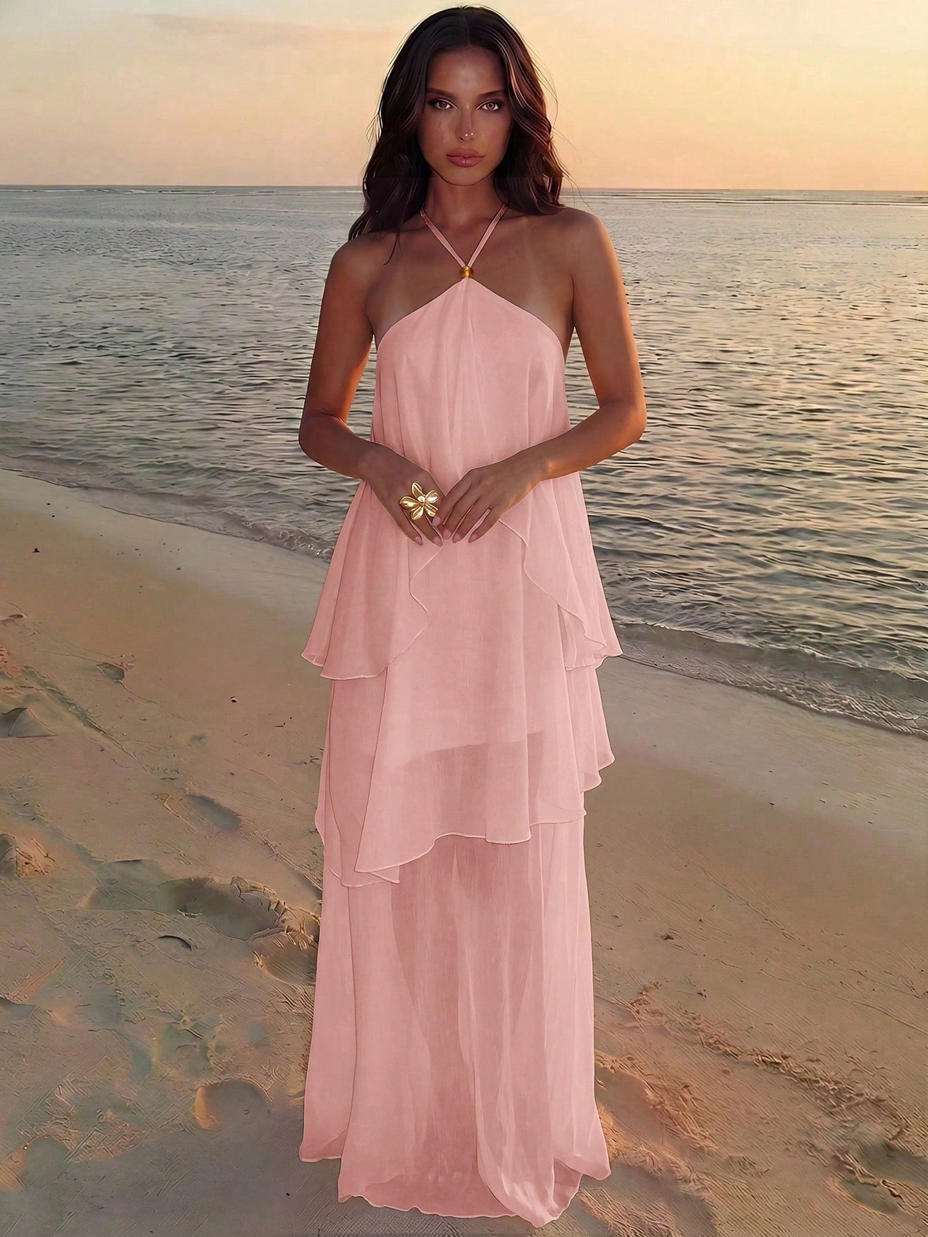 Aloruh Women's Elegant Jamican Sexy Tropical Dusty Pink Beaded Casual Loose Vacation Dress Beach Vacation Summer