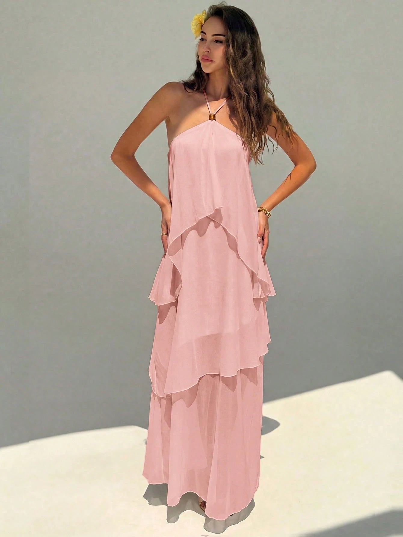 Aloruh Women's Elegant Jamican Sexy Tropical Dusty Pink Beaded Casual Loose Vacation Dress Beach Vacation Summer