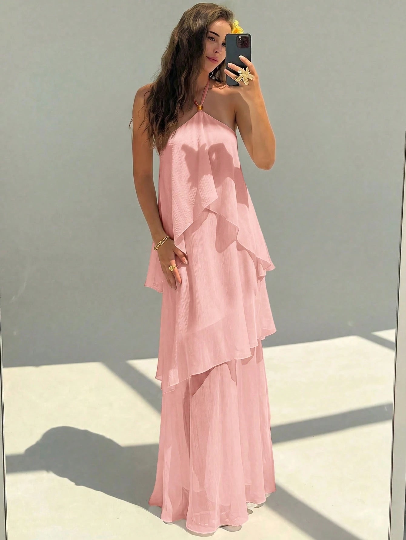 Aloruh Women's Elegant Jamican Sexy Tropical Dusty Pink Beaded Casual Loose Vacation Dress Beach Vacation Summer