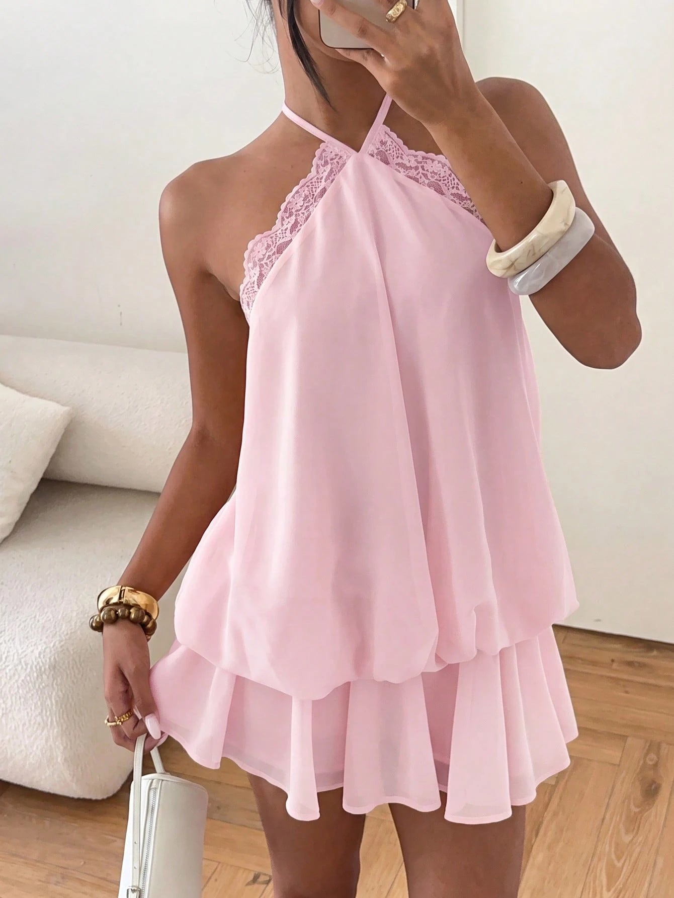 Aloruh Women's Elegant Romantic Cute Light Pink Halter Neck Tie Mini Dress, Suitable For Dates Brunch Vacation And Vacations Summer