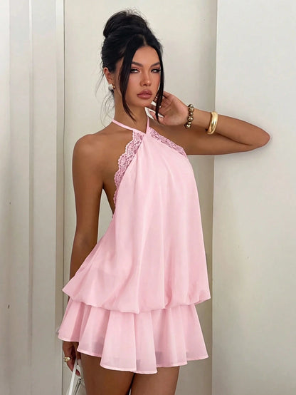 Aloruh Women's Elegant Romantic Cute Light Pink Halter Neck Tie Mini Dress, Suitable For Dates Brunch Vacation And Vacations Summer