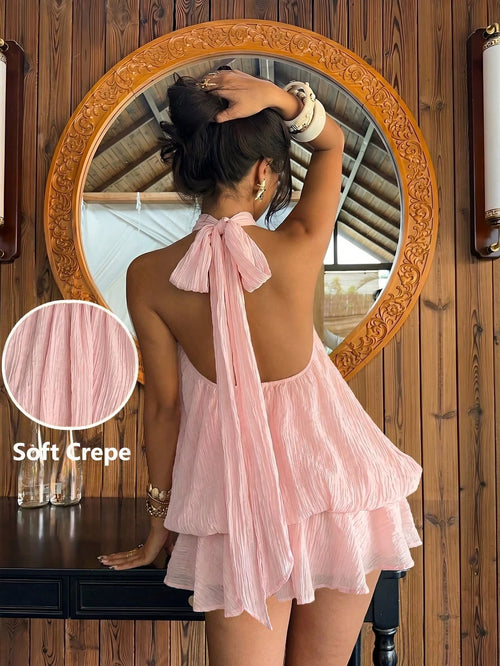 Aloruh Women's Elegant Tropical Light Pink Halter Neck Tie Mini Dress Vacation Summer,Wedding Guest,Graduation Dress