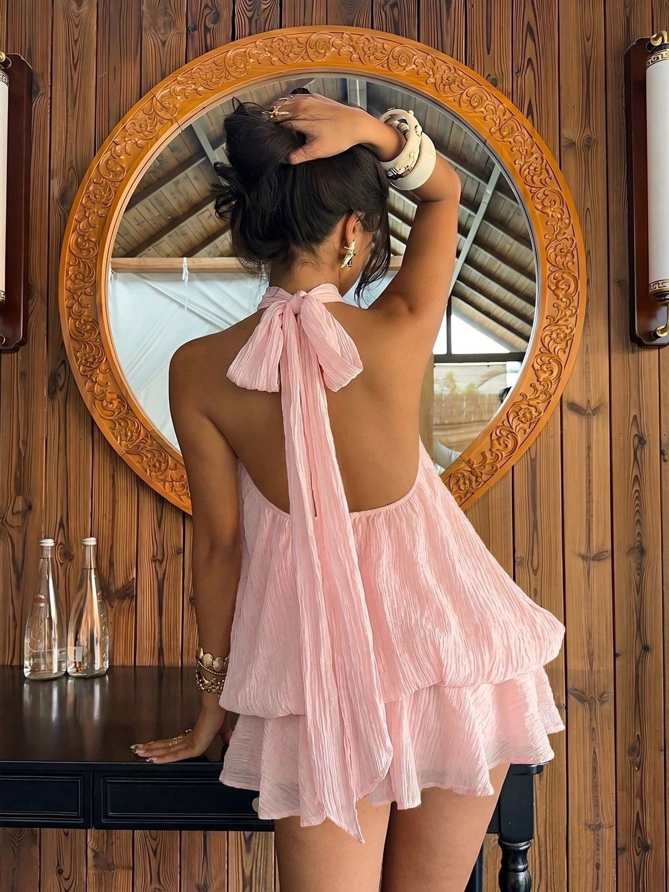 Aloruh Women's Elegant Tropical Light Pink Halter Neck Tie Mini Dress Vacation Summer,Wedding Guest,Graduation Dress