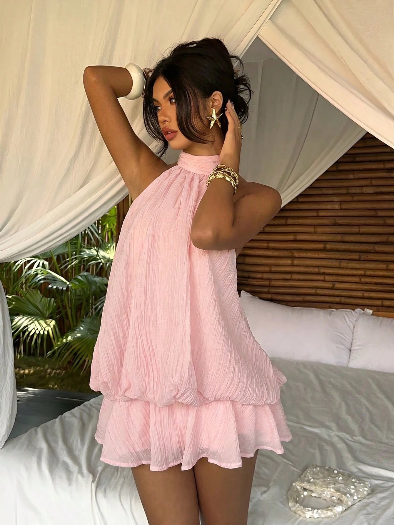 Aloruh Women's Elegant Tropical Light Pink Halter Neck Tie Mini Dress Vacation Summer,Wedding Guest,Graduation Dress