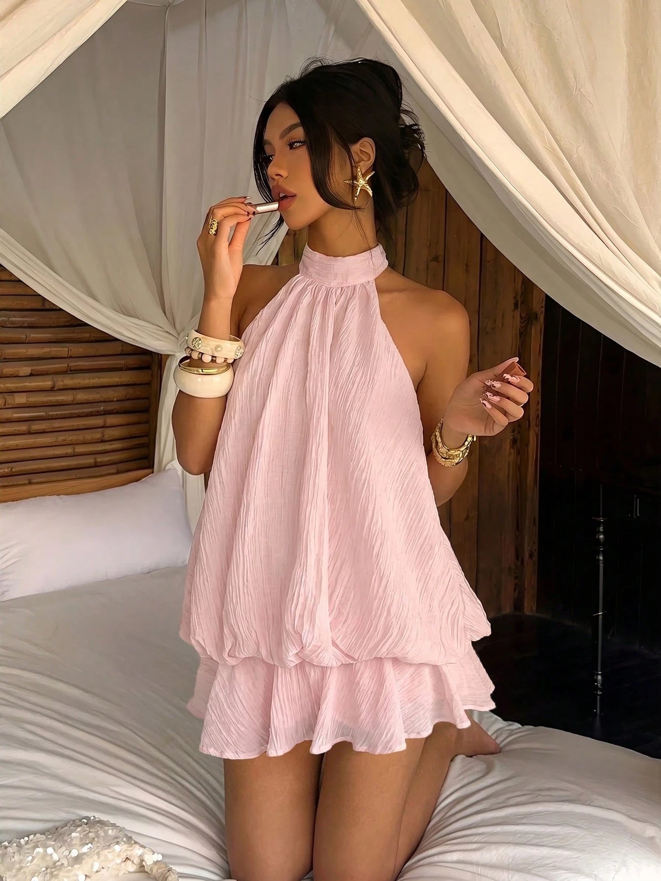 Aloruh Women's Elegant Tropical Light Pink Halter Neck Tie Mini Dress Vacation Summer,Wedding Guest,Graduation Dress