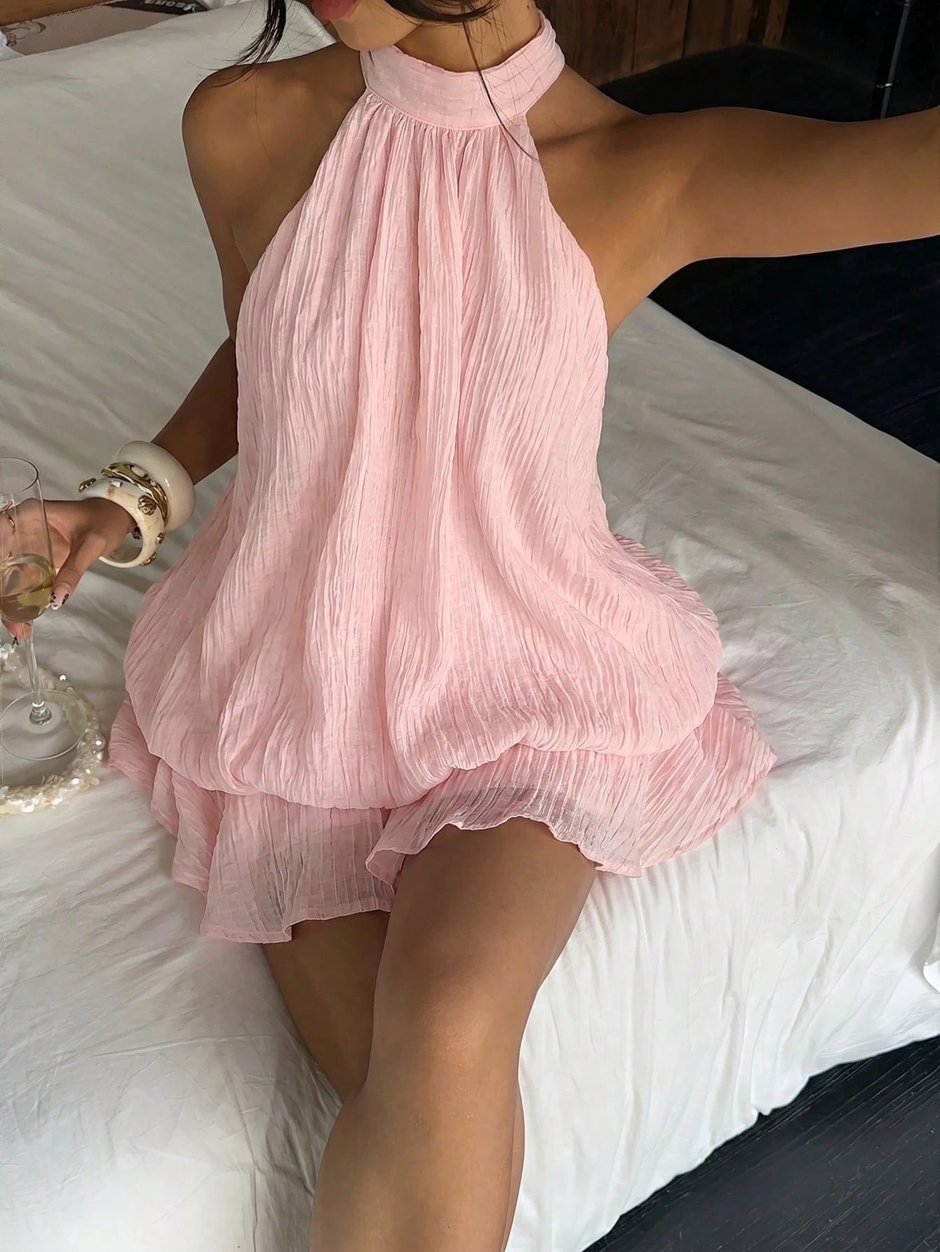 Aloruh Women's Elegant Tropical Light Pink Halter Neck Tie Mini Dress Vacation Summer,Wedding Guest,Graduation Dress