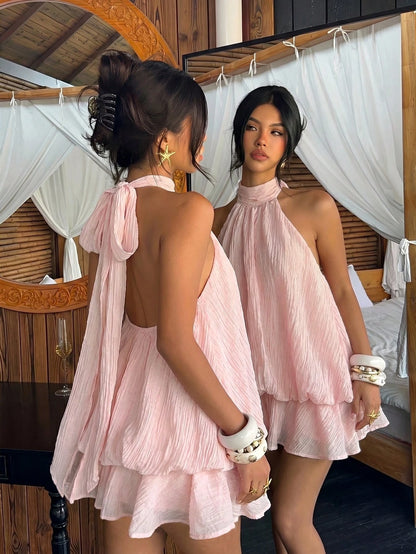 Aloruh Women's Elegant Tropical Light Pink Halter Neck Tie Mini Dress Vacation Summer,Wedding Guest,Graduation Dress