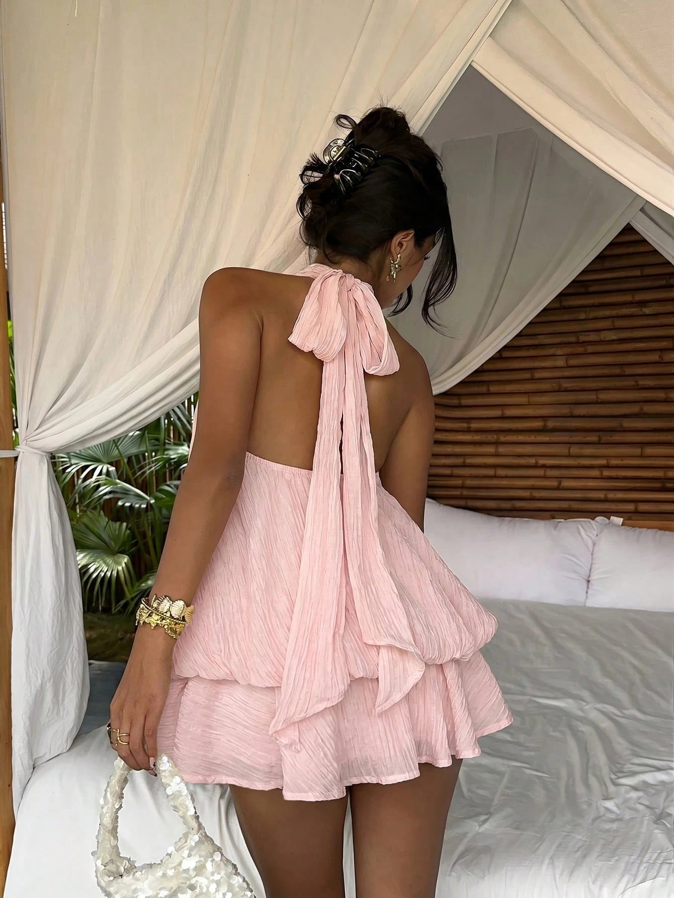 Aloruh Women's Elegant Tropical Light Pink Halter Neck Tie Mini Dress Vacation Summer,Wedding Guest,Graduation Dress