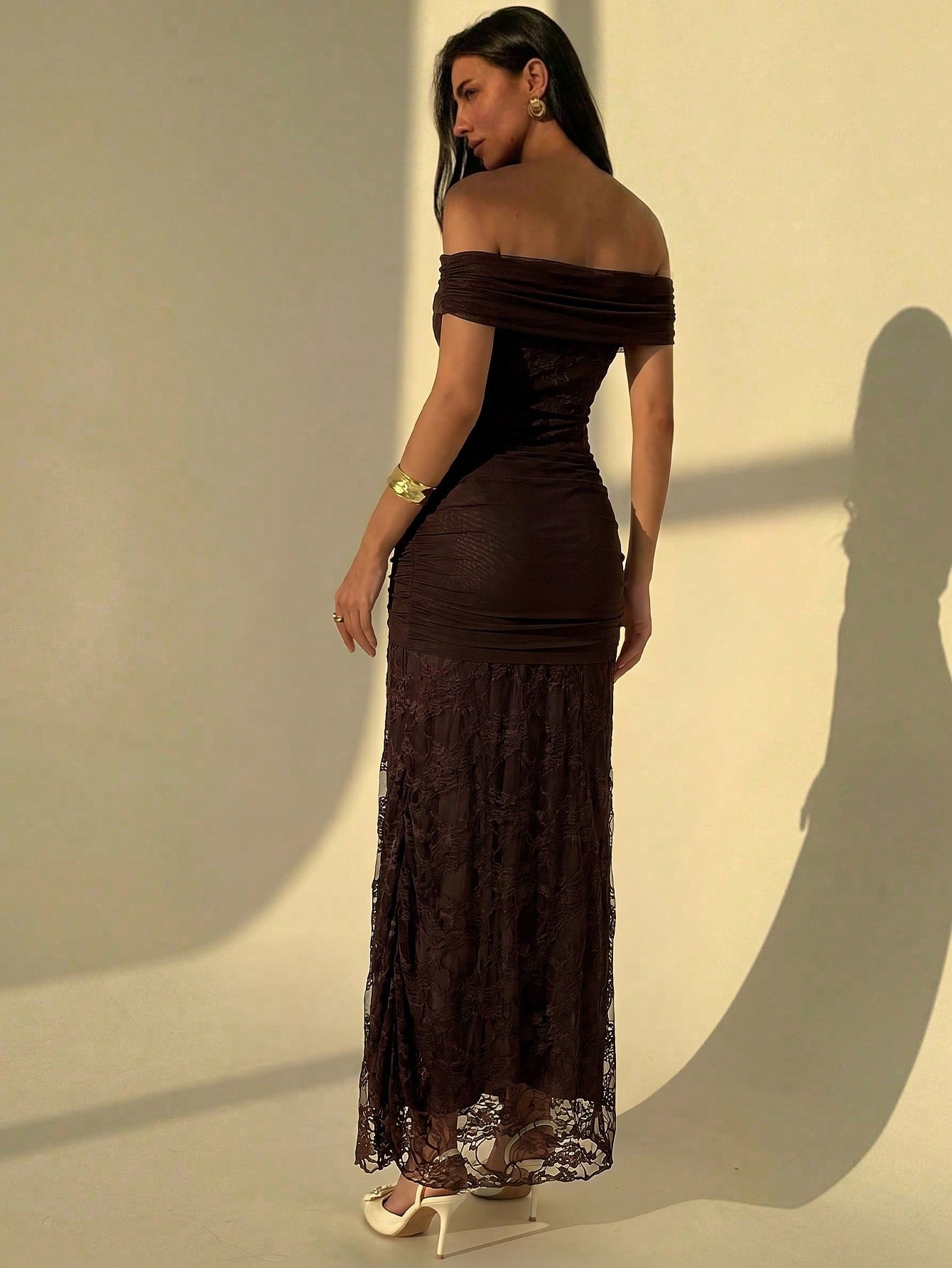 Aloruh Women's Fashion Versatile Pleated Tie-Up Off-Shoulder Elegant Lace Dress Dinner Formal Dark Brown Summer.Suitable For Wedding Guests,Dresses For Women Summer