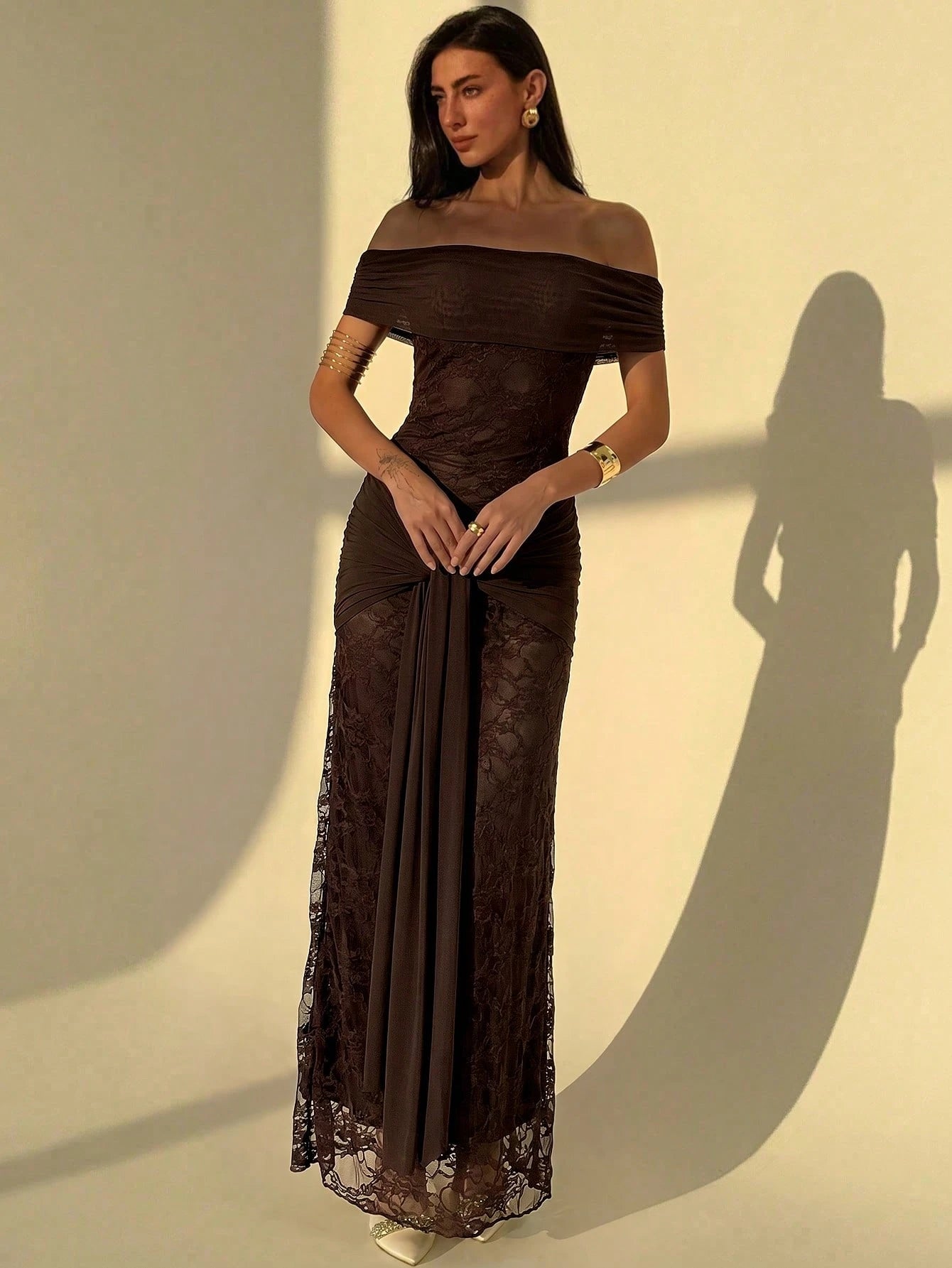Aloruh Women's Fashion Versatile Pleated Tie-Up Off-Shoulder Elegant Lace Dress Dinner Formal Dark Brown Summer.Suitable For Wedding Guests,Dresses For Women Summer