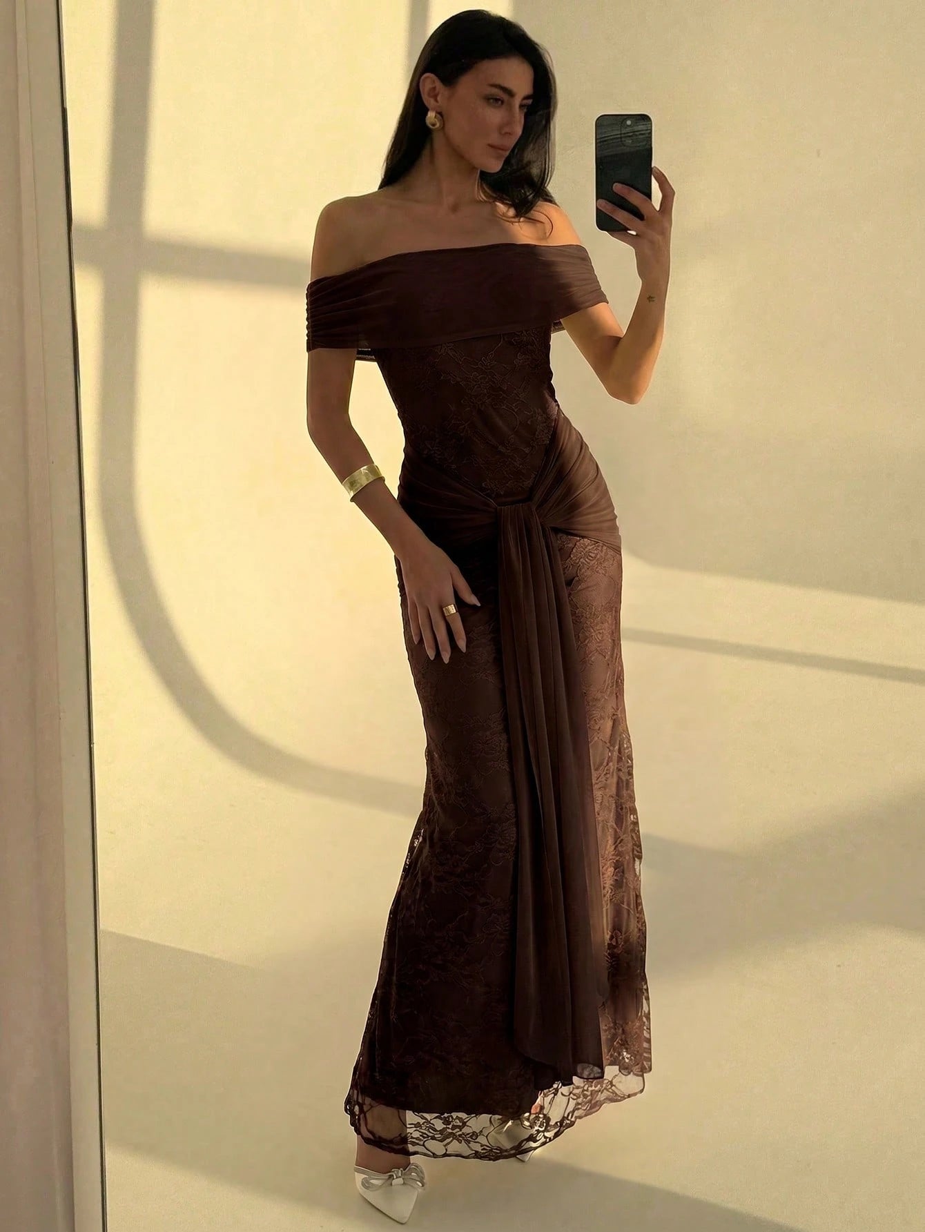 Aloruh Women's Fashion Versatile Pleated Tie-Up Off-Shoulder Elegant Lace Dress Dinner Formal Dark Brown Summer.Suitable For Wedding Guests,Dresses For Women Summer